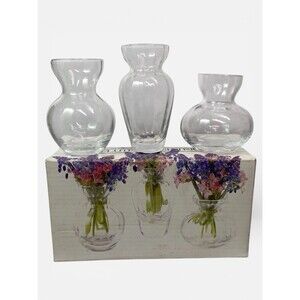 VTG Two’s Company Fluted Glass Vase Trio | Hand Blown MCM Bud Vases 3.5” | Clear